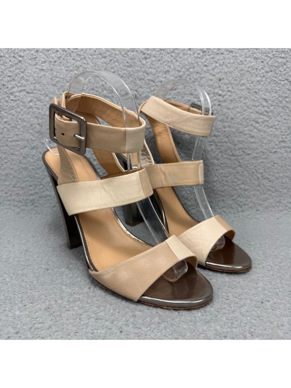 Sergio Rossi Sandals Womens 10 / 40 Shoes Beige Ankle Buckle Triple Strap Heels
